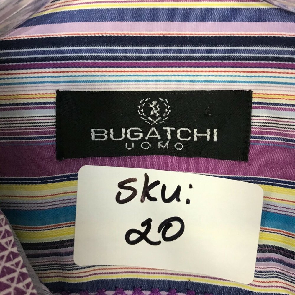 BUGATCHI Mens L Cotton Button Down Fitted Dress Shirt Flip Cuffs Purple Stripes - Picture 12 of 12